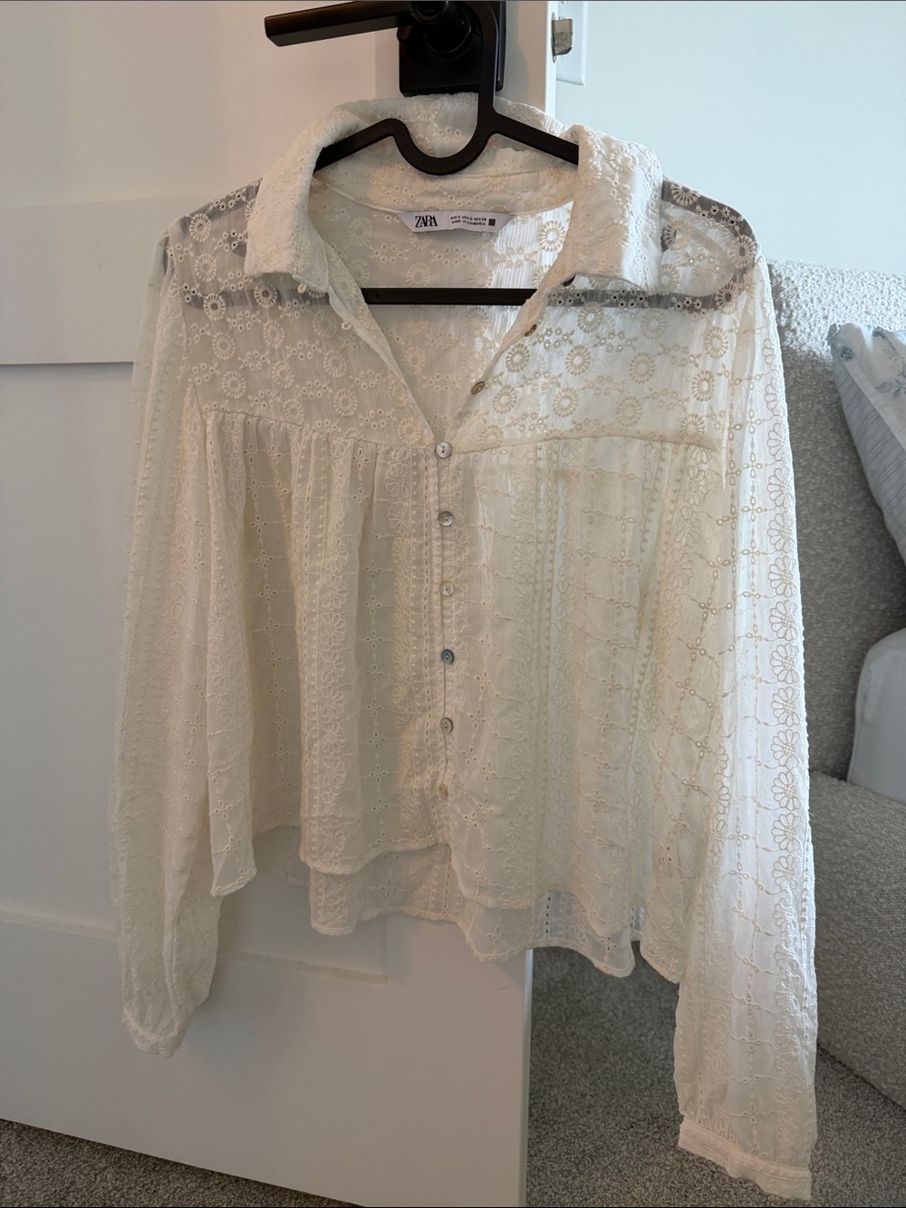 ZARA Cream Eyelet Lace Button-Up Blouse